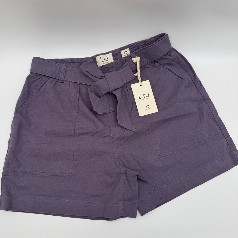 NWT L.T.J Letter to Juliet Purple Grey Paperbag Waist‎ Tie Shorts Size L
